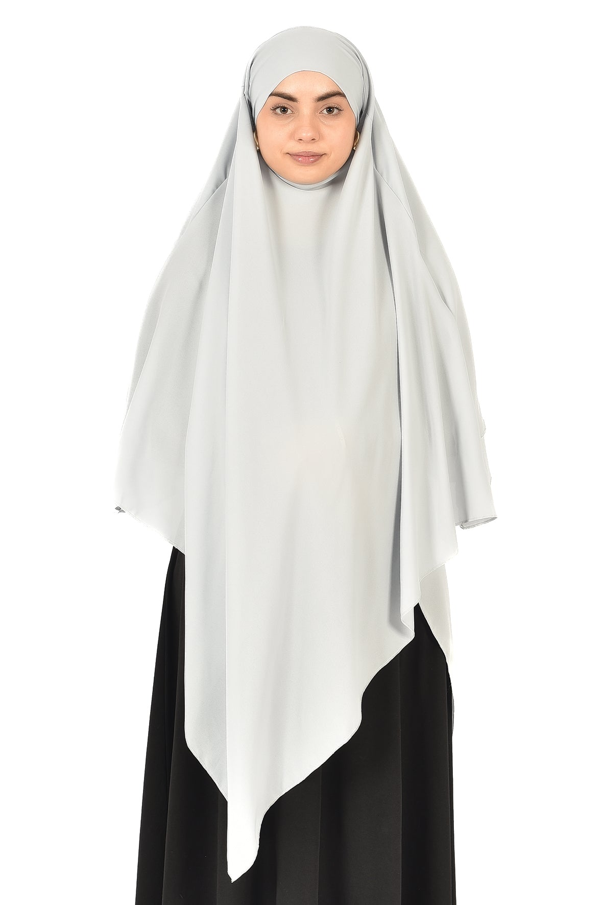 Elegant Women’s Khimar – Light Silver Grey, Soft Crepe Fabric