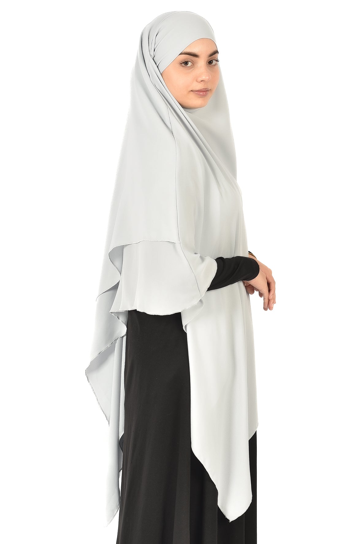 Elegant Women’s Khimar – Light Silver Grey, Soft Crepe Fabric