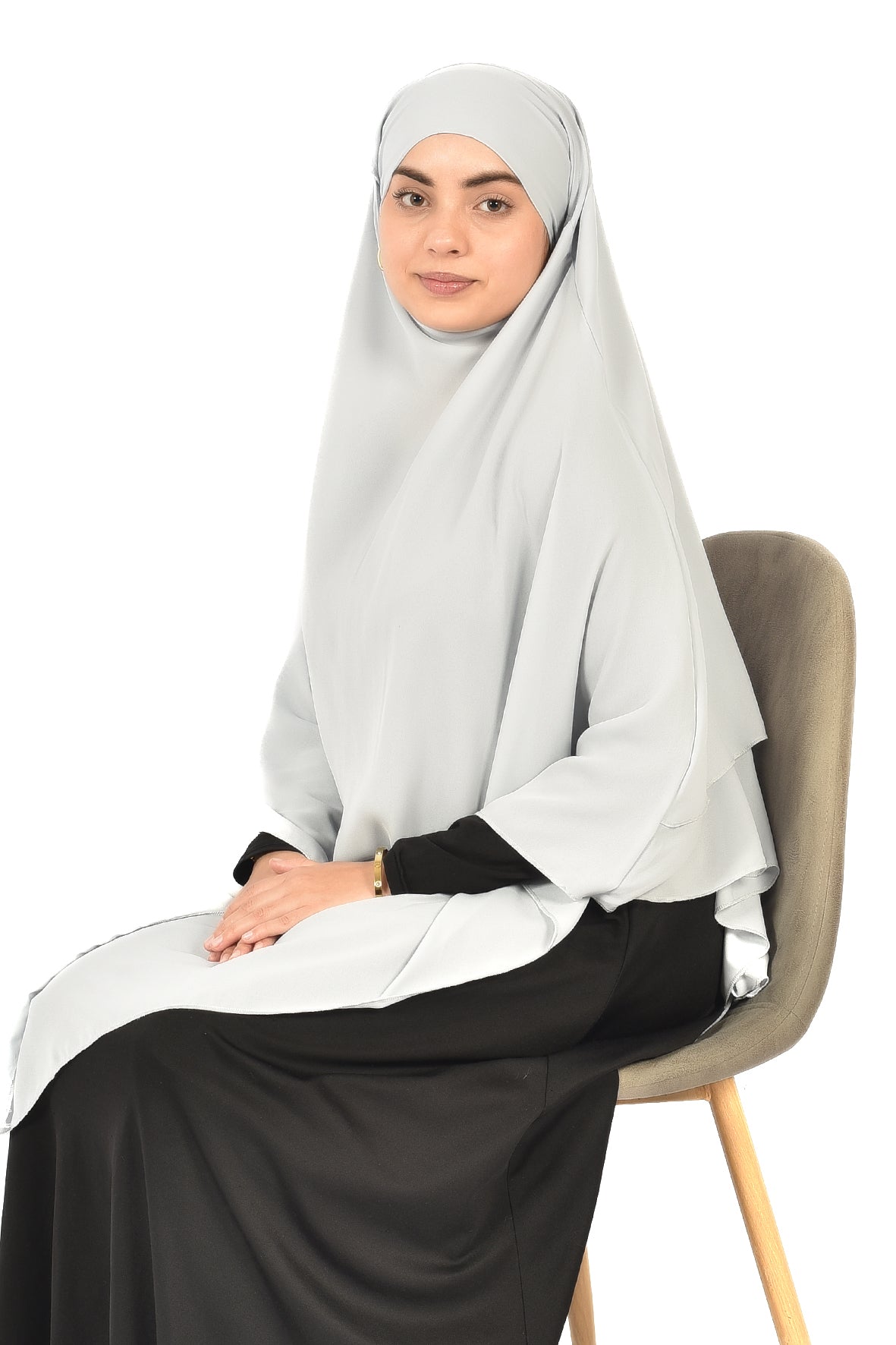 Elegant Women’s Khimar – Light Silver Grey, Soft Crepe Fabric