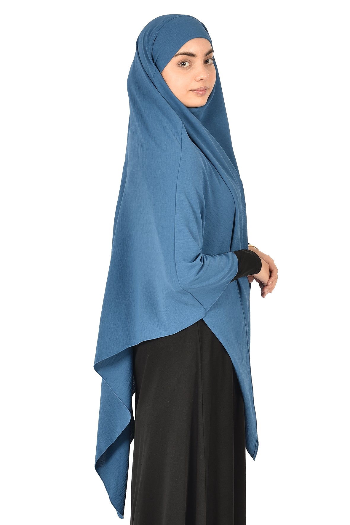 Elegant Women’s Khimar – Denim Blue, Soft Crepe Fabric