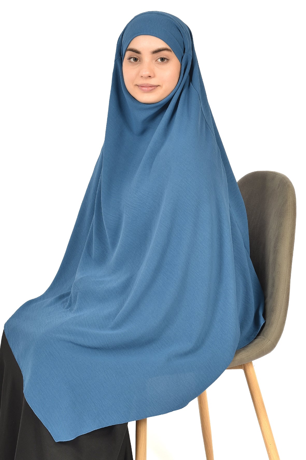 Elegant Women’s Khimar – Denim Blue, Soft Crepe Fabric