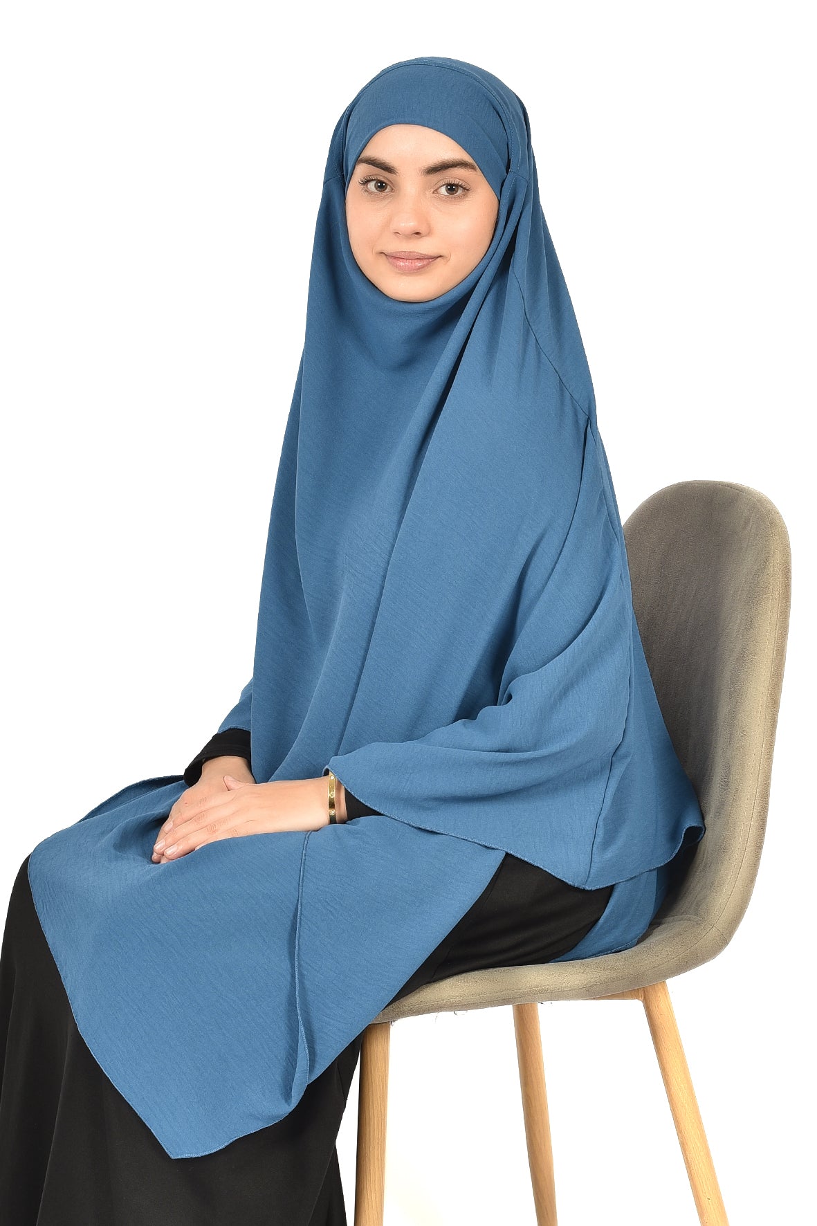 Elegant Women’s Khimar – Denim Blue, Soft Crepe Fabric