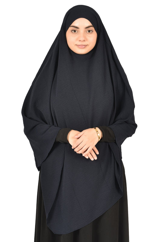 Elegant Women’s Khimar – Deep Charcoal Navy, Soft Crepe Fabric