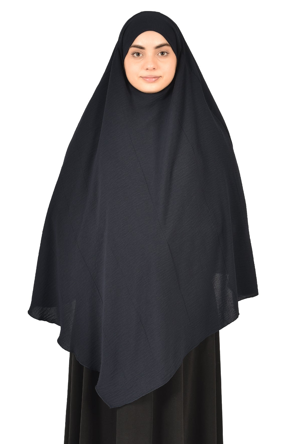 Elegant Women’s Khimar – Deep Charcoal Navy, Soft Crepe Fabric