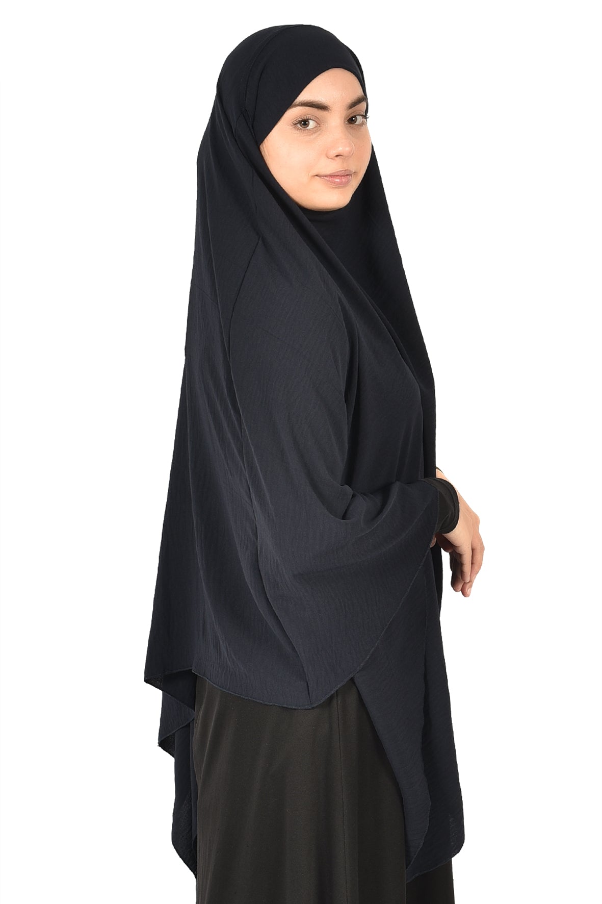 Elegant Women’s Khimar – Deep Charcoal Navy, Soft Crepe Fabric