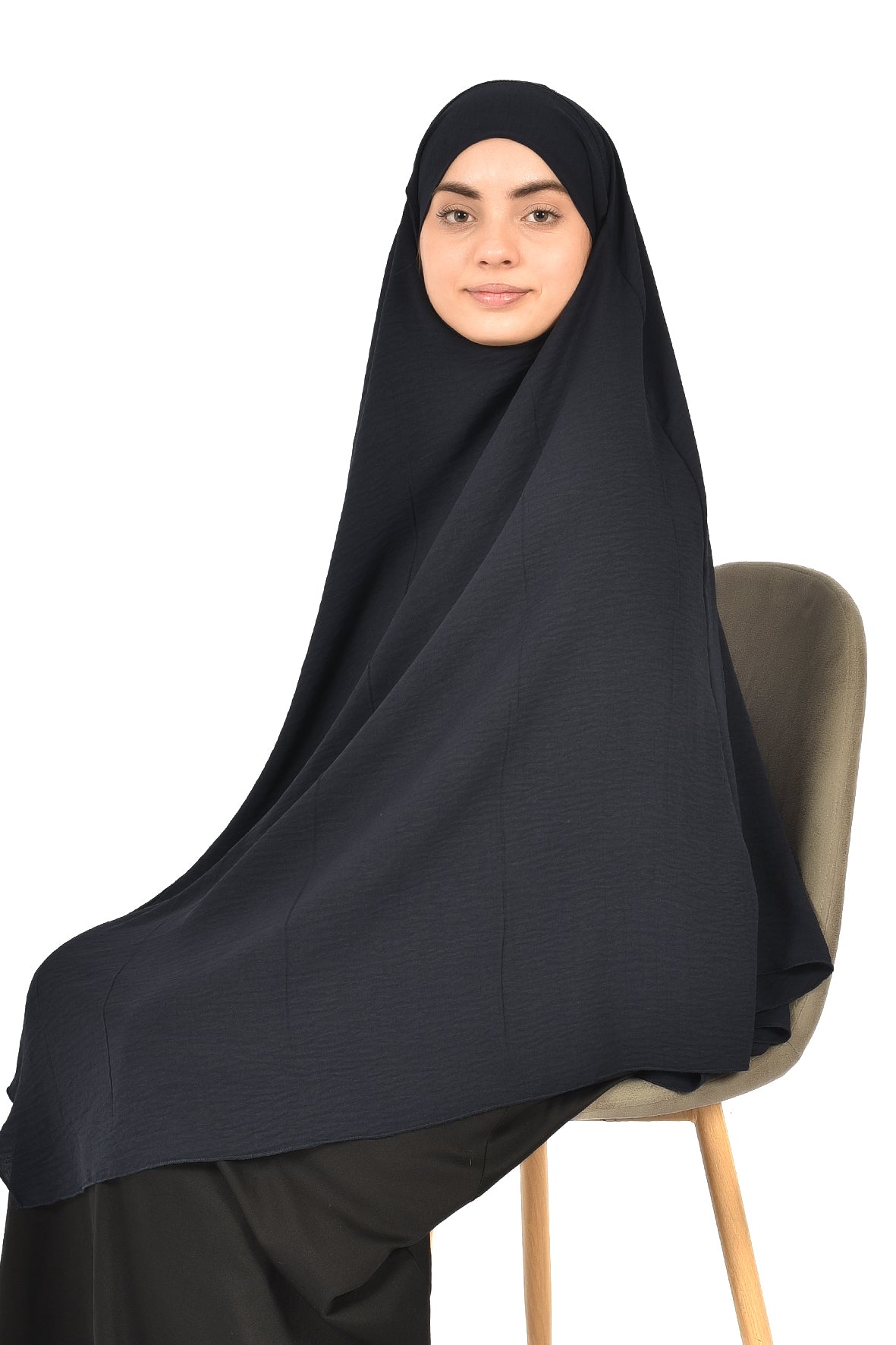 Elegant Women’s Khimar – Deep Charcoal Navy, Soft Crepe Fabric
