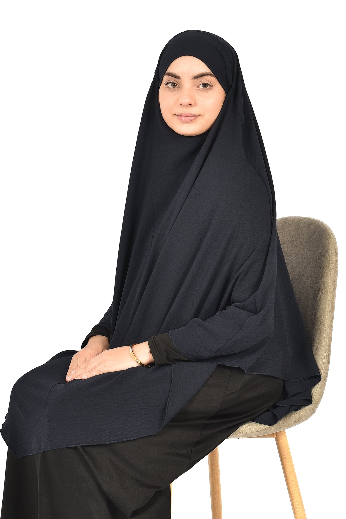 Elegant Women’s Khimar – Deep Charcoal Navy, Soft Crepe Fabric