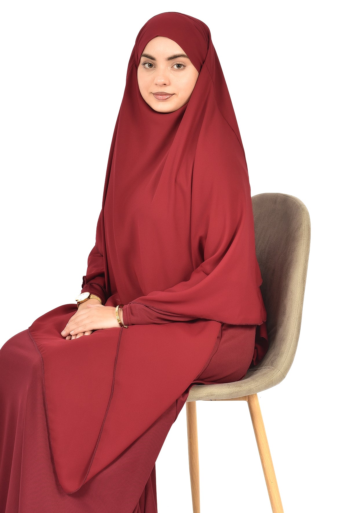 Elegant Women’s Khimar – Dark Maroon, Soft Crepe Fabric