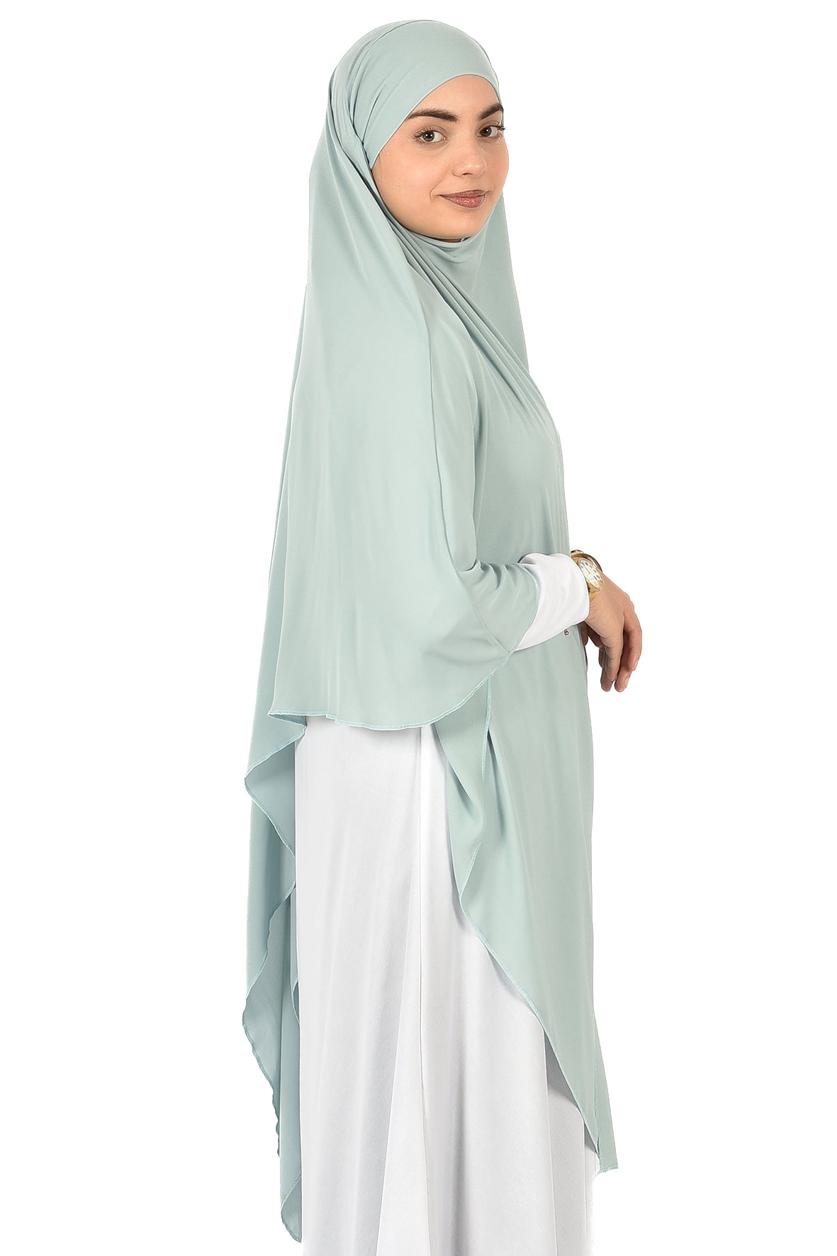 Elegant Women’s Khimar – Light Mint Green, Soft Crepe Fabric