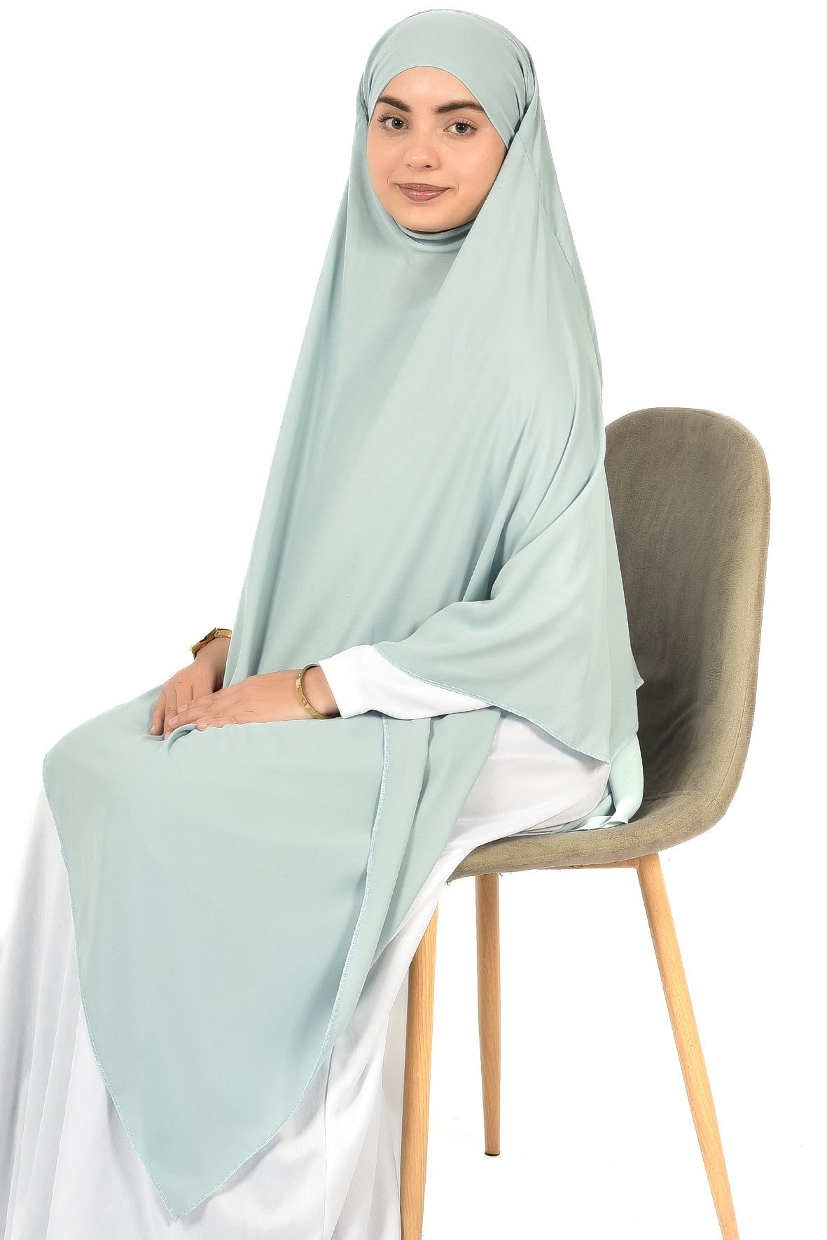 Elegant Women’s Khimar – Light Mint Green, Soft Crepe Fabric
