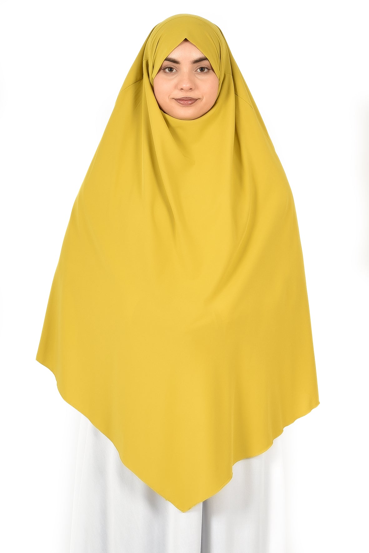 Elegant Women’s Khimar – Mustard Yellow, Soft Crepe Fabric