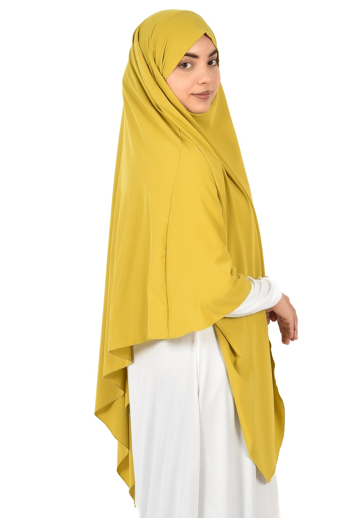 Elegant Women’s Khimar – Mustard Yellow, Soft Crepe Fabric