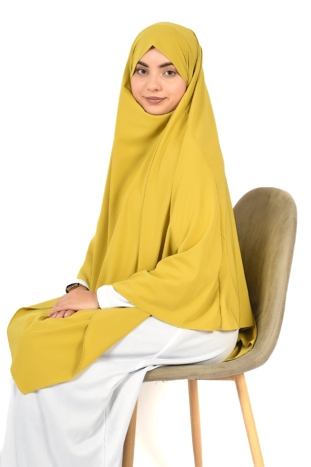 Elegant Women’s Khimar – Mustard Yellow, Soft Crepe Fabric