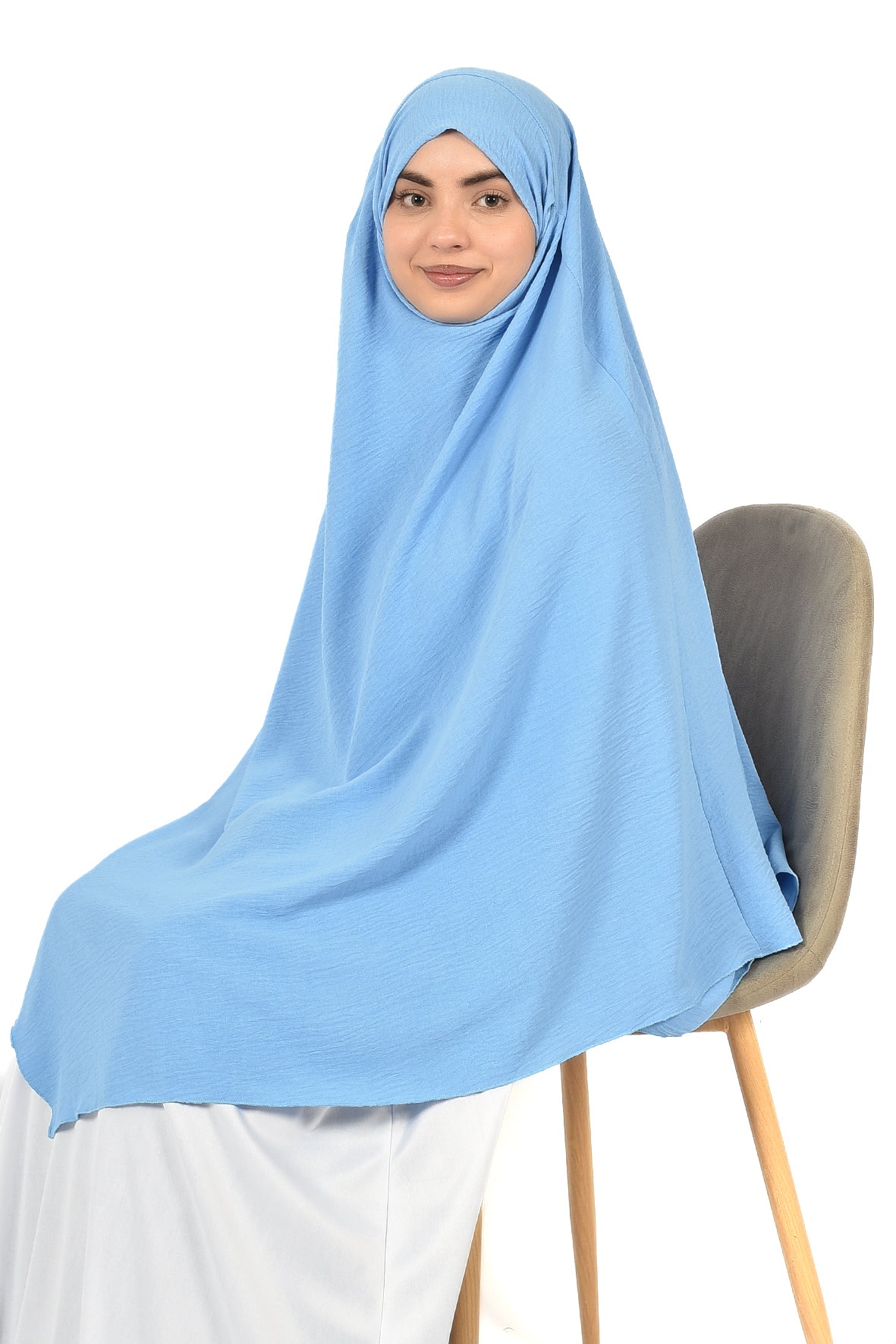 Elegant Women’s Khimar – Sky Blue, Soft Crepe Fabric