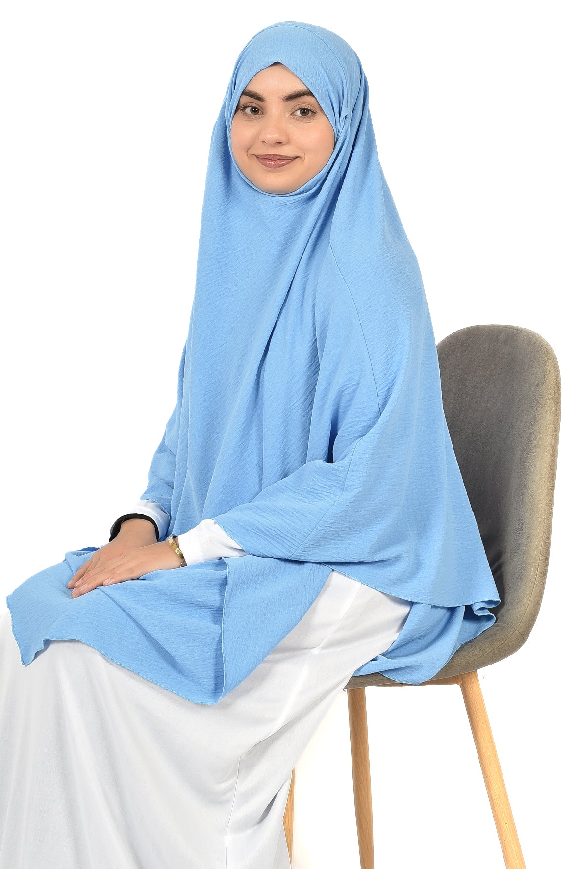 Elegant Women’s Khimar – Sky Blue, Soft Crepe Fabric