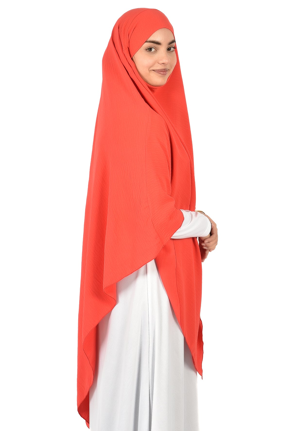 Elegant Women’s Khimar – Coral Red, Soft Crepe Fabric