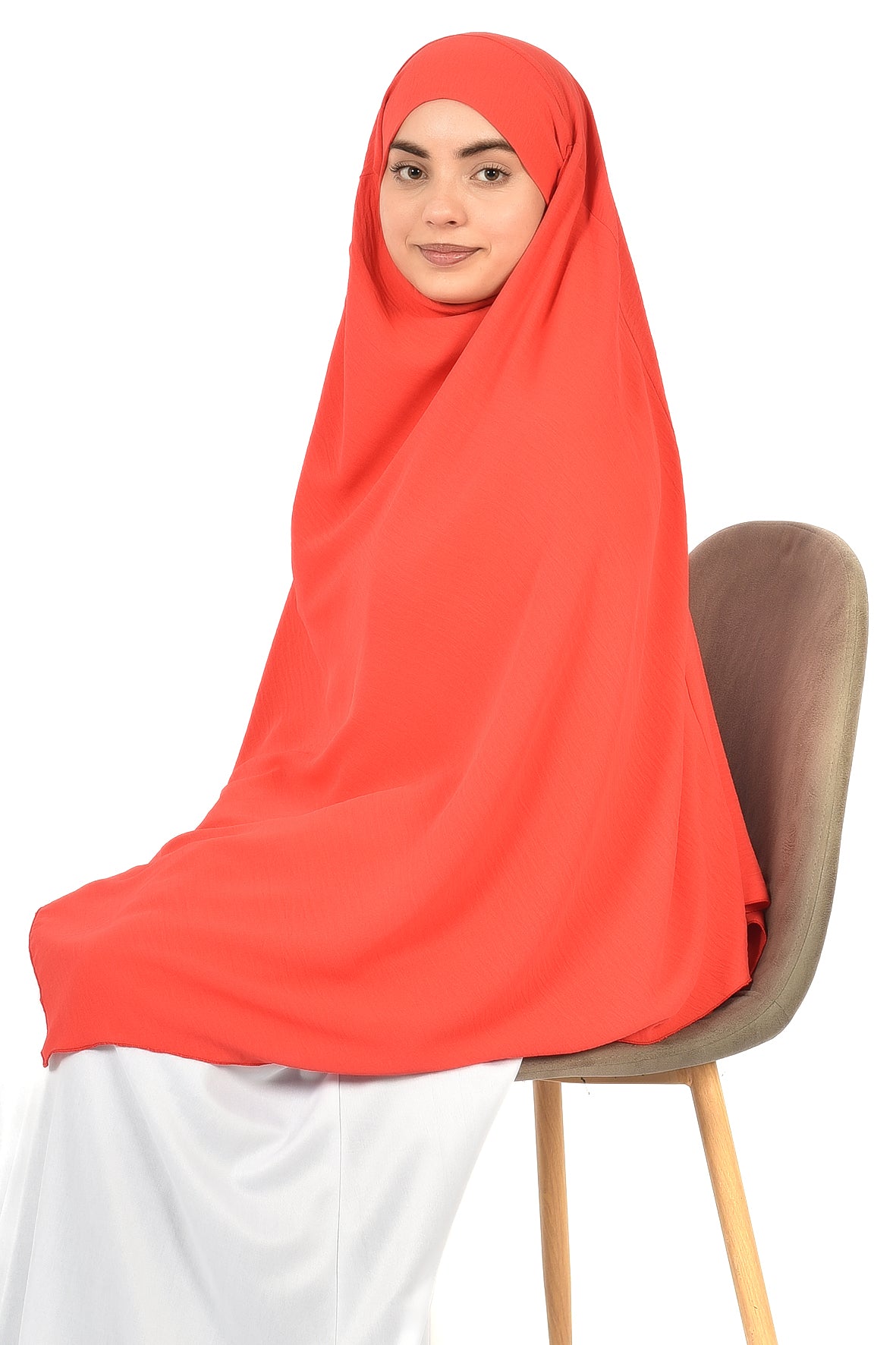Elegant Women’s Khimar – Coral Red, Soft Crepe Fabric