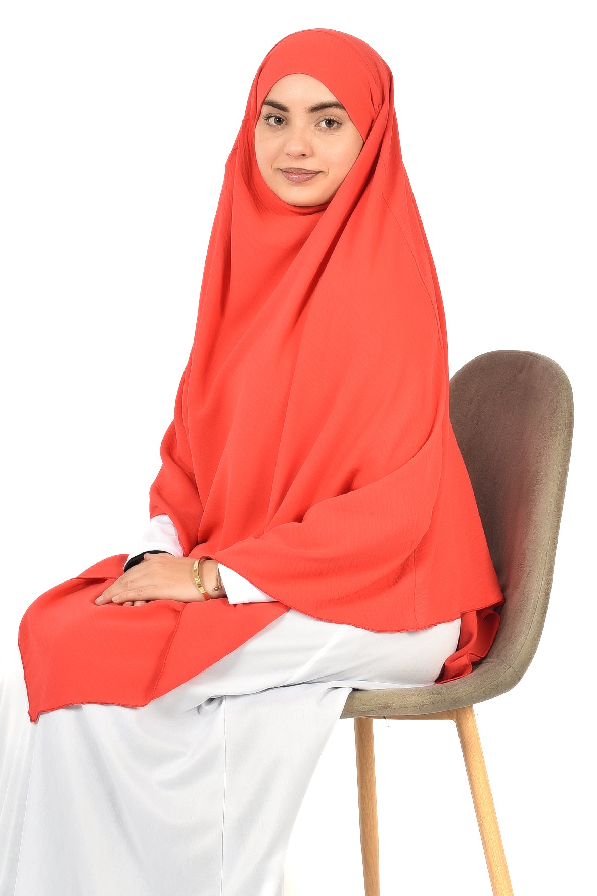 Elegant Women’s Khimar – Coral Red, Soft Crepe Fabric