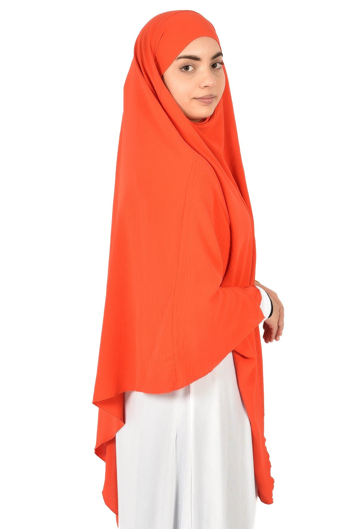 Elegant Women’s Khimar – Bright Orange, Lightweight Crepe Fabric