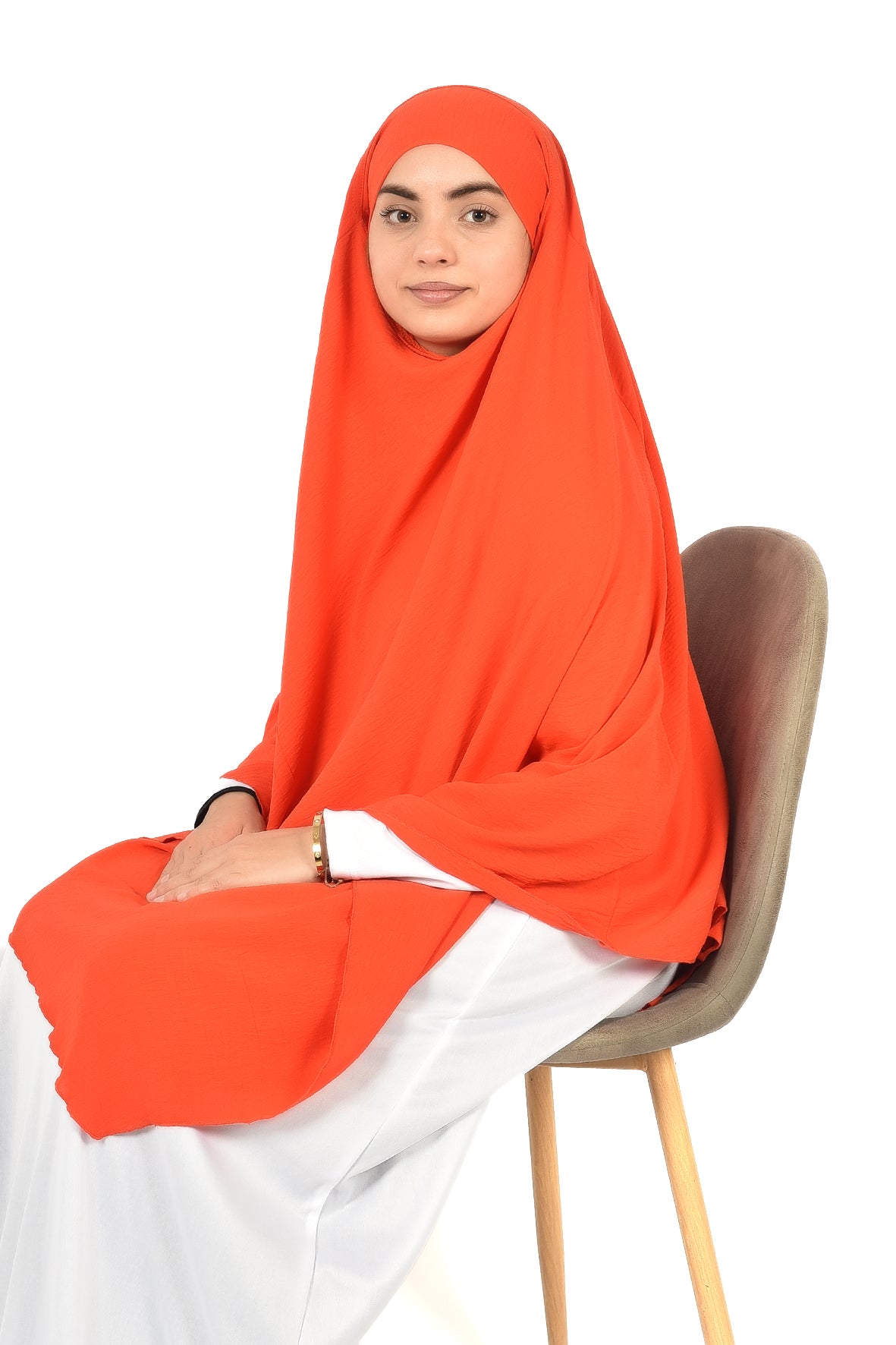 Elegant Women’s Khimar – Bright Orange, Lightweight Crepe Fabric