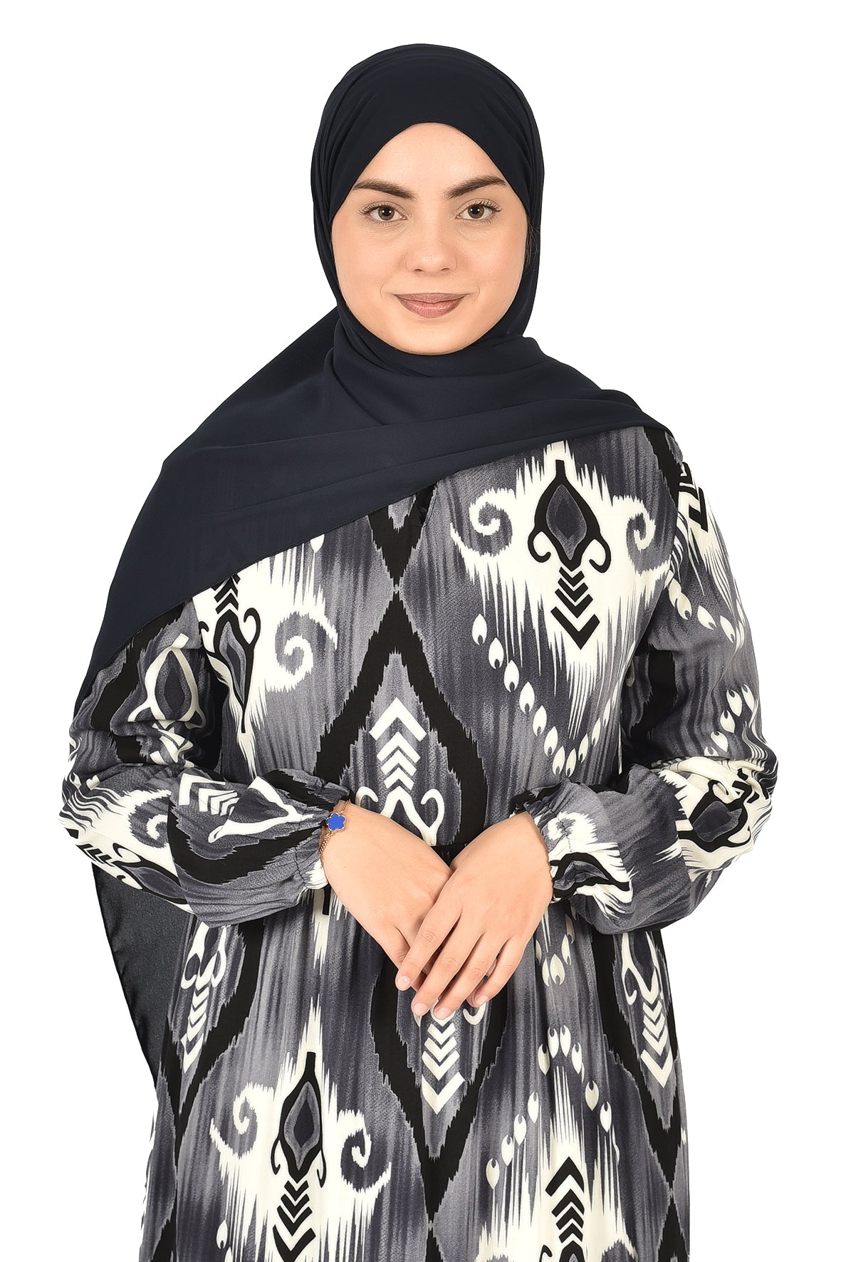 Elegant Black & Grey Printed Abaya with Modern Style