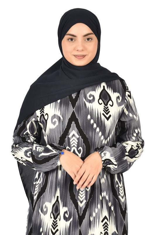 Elegant Black & Grey Printed Abaya with Modern Style
