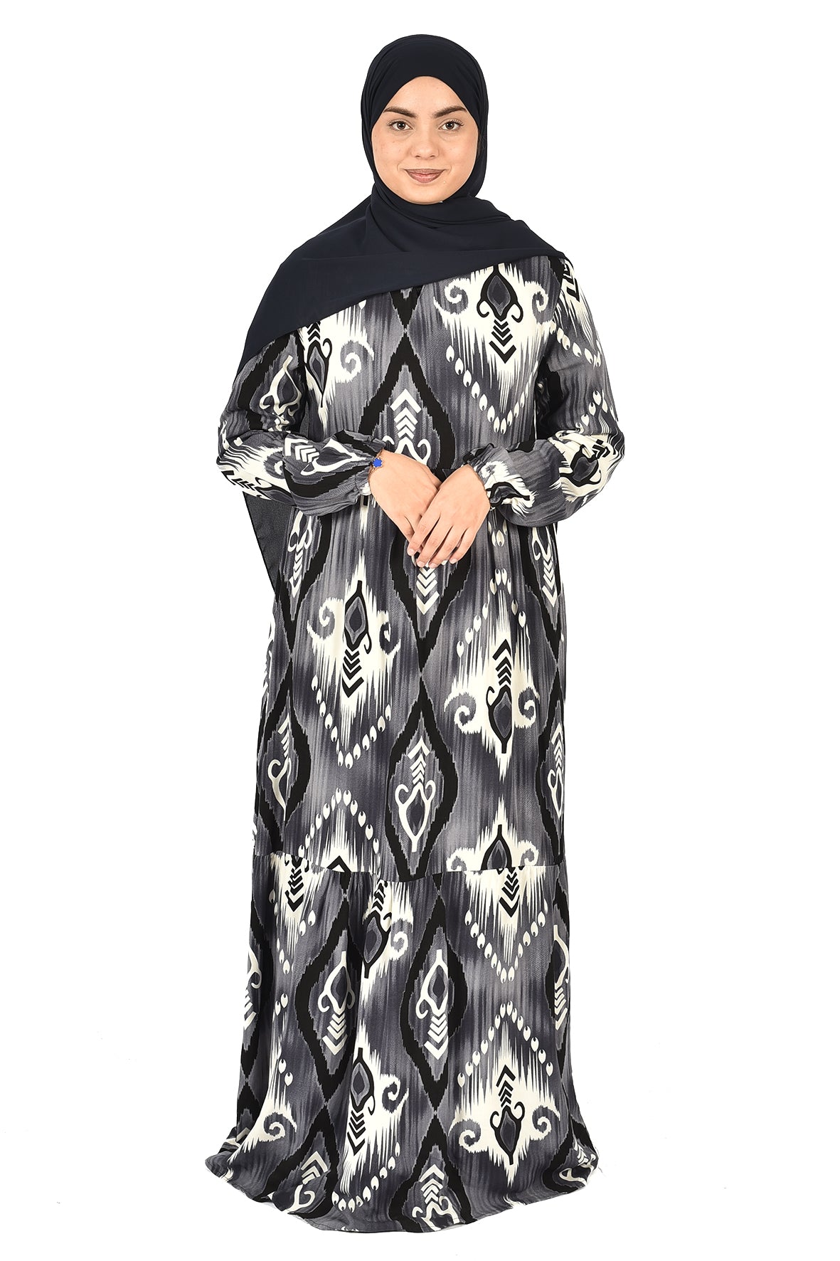 Elegant Black & Grey Printed Abaya with Modern Style