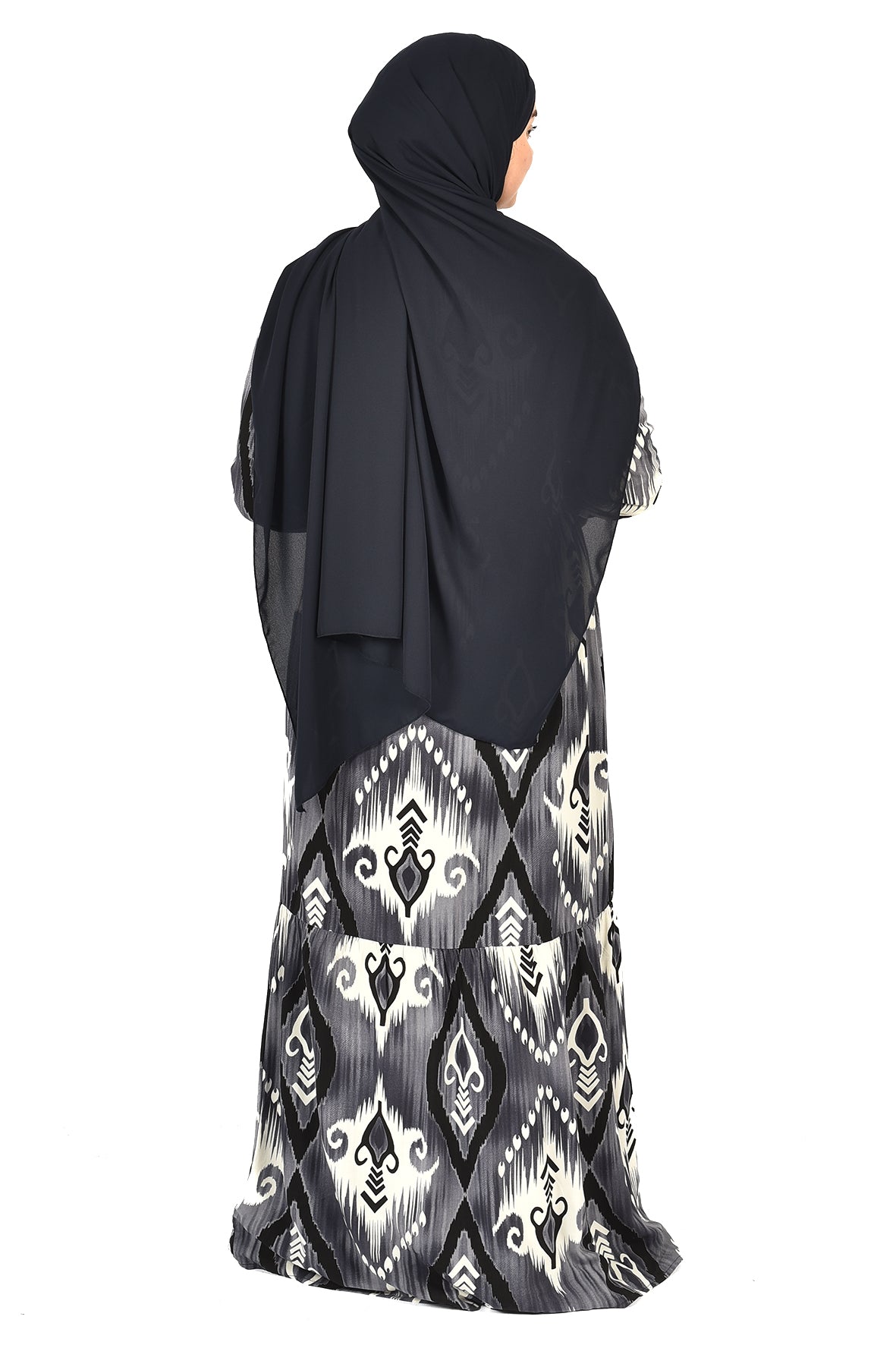 Elegant Black & Grey Printed Abaya with Modern Style