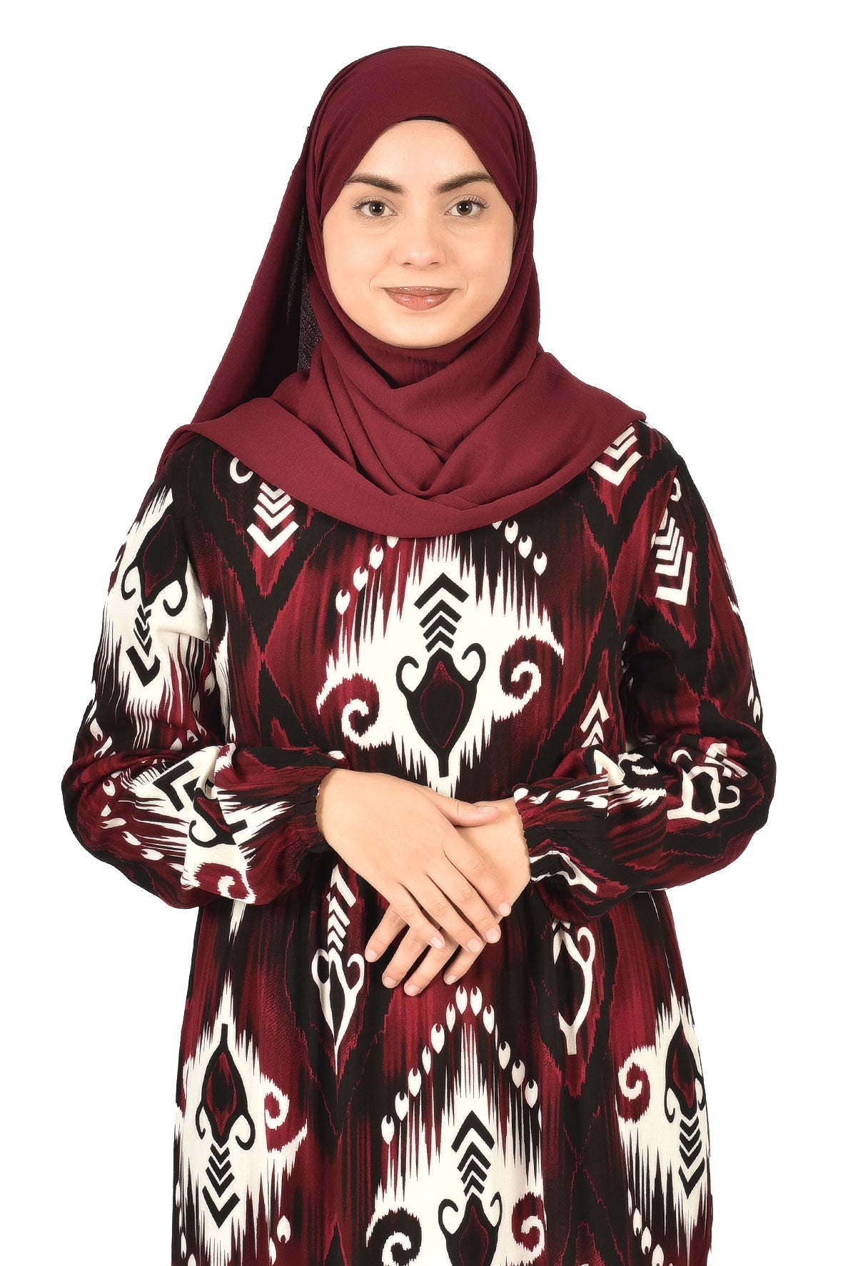 Elegant Maroon & Black Printed Abaya with Modern Style