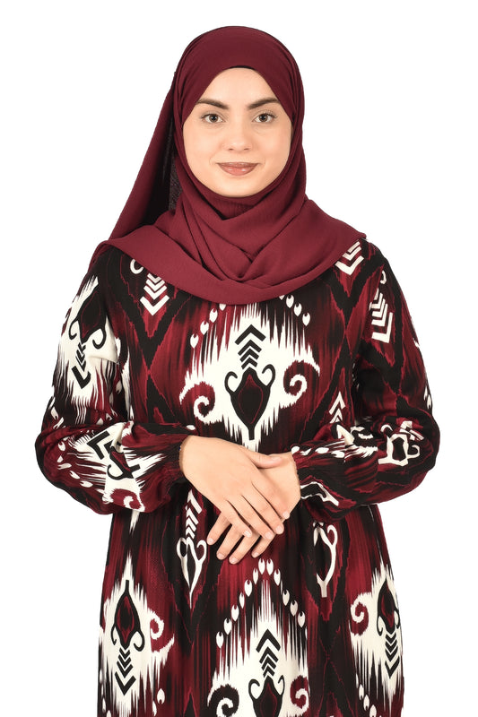 Elegant Maroon & Black Printed Abaya with Modern Style