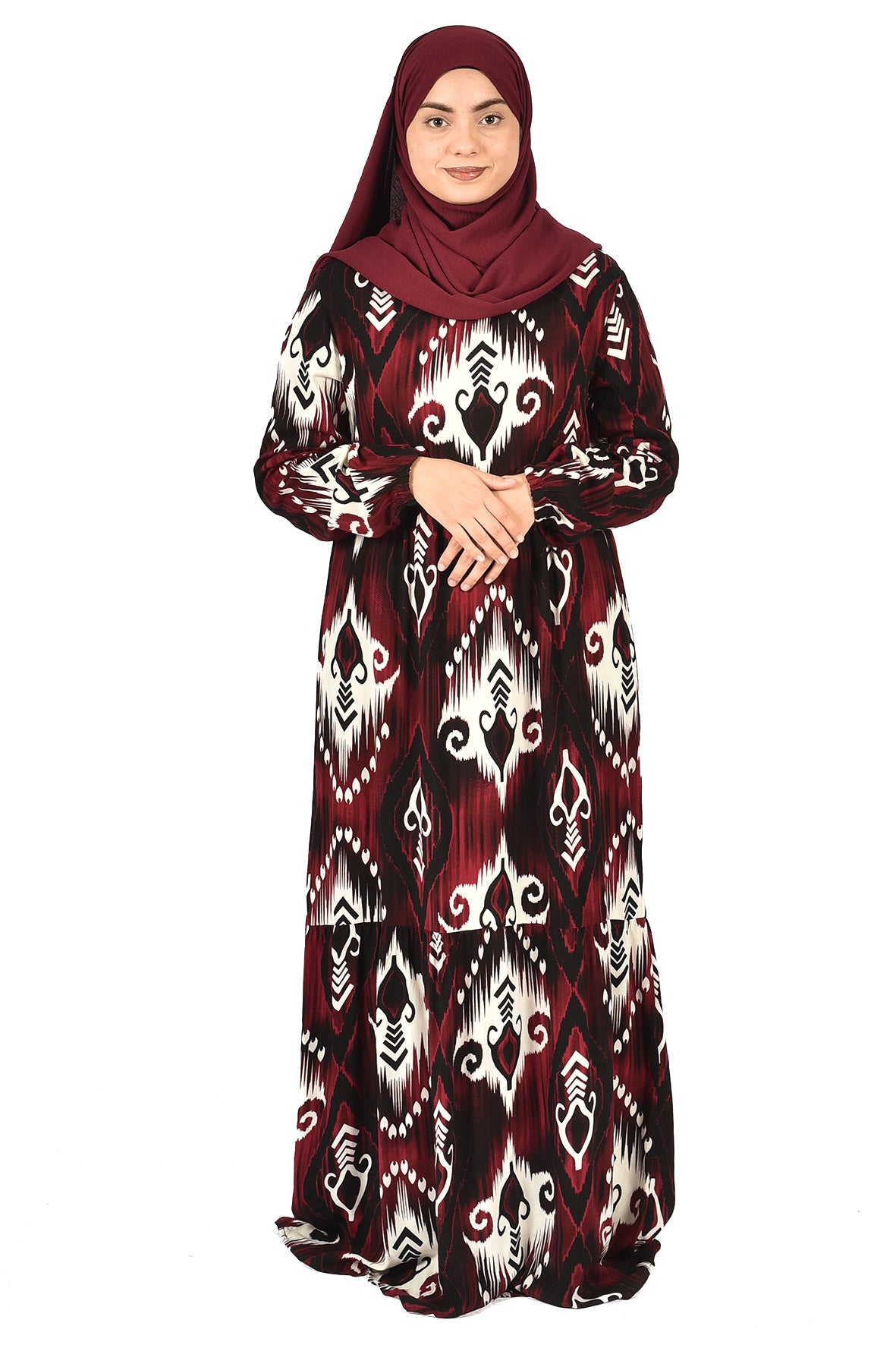Elegant Maroon & Black Printed Abaya with Modern Style
