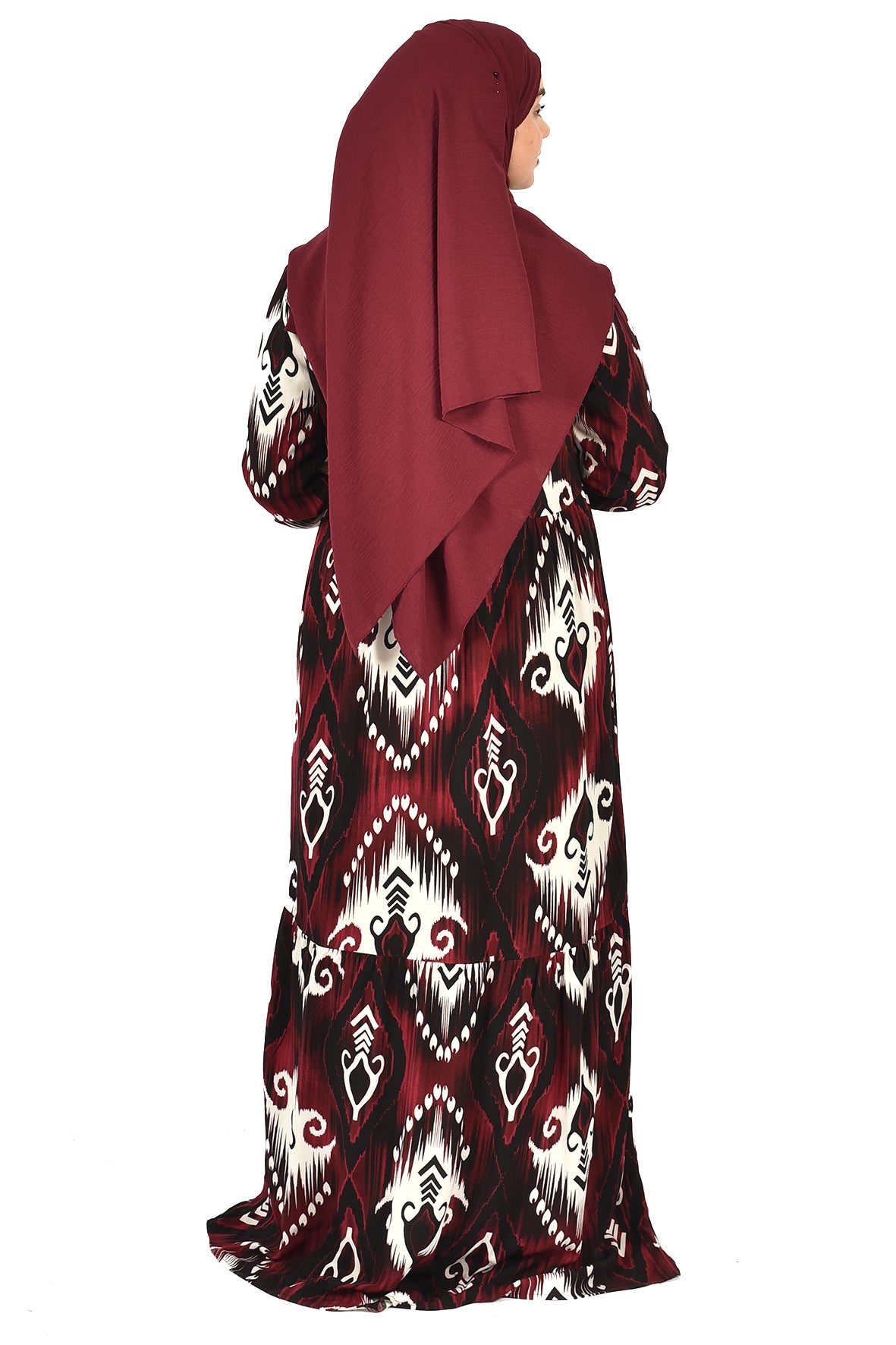 Elegant Maroon & Black Printed Abaya with Modern Style