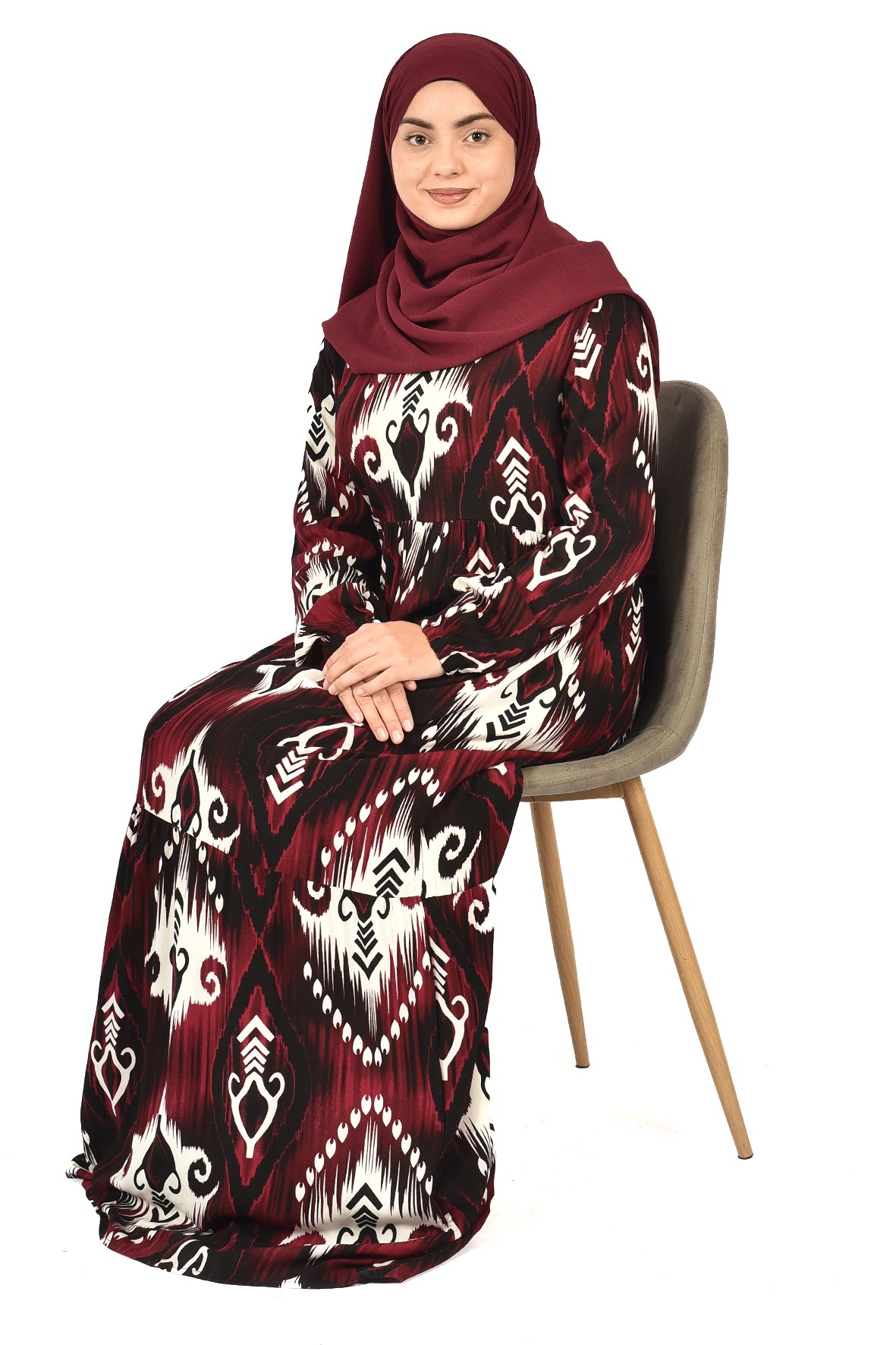 Elegant Maroon & Black Printed Abaya with Modern Style