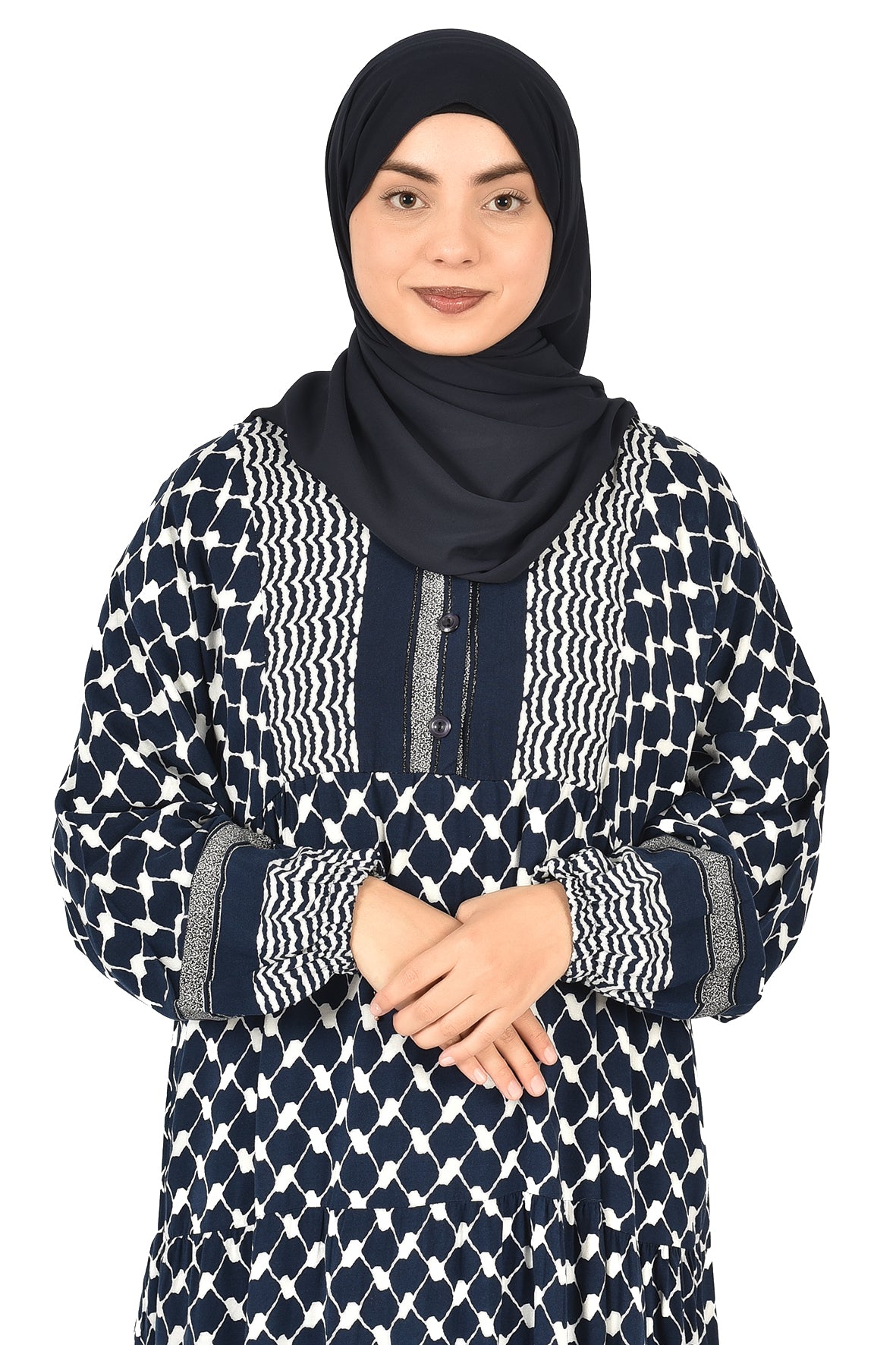 Navy Blue Abaya with White Pattern and Loose Comfortable Fit