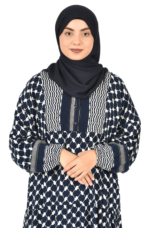 Navy Blue Abaya with White Pattern and Loose Comfortable Fit
