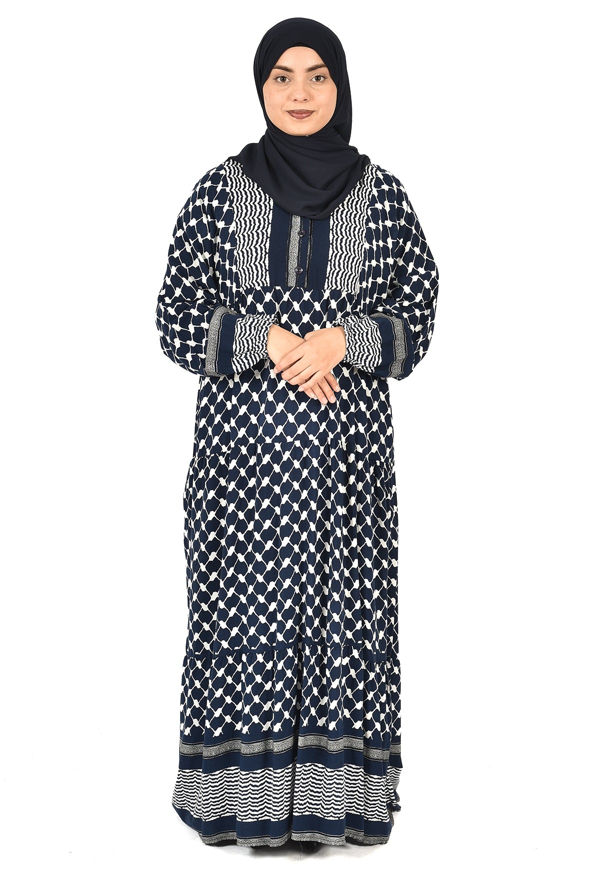 Navy Blue Abaya with White Pattern and Loose Comfortable Fit