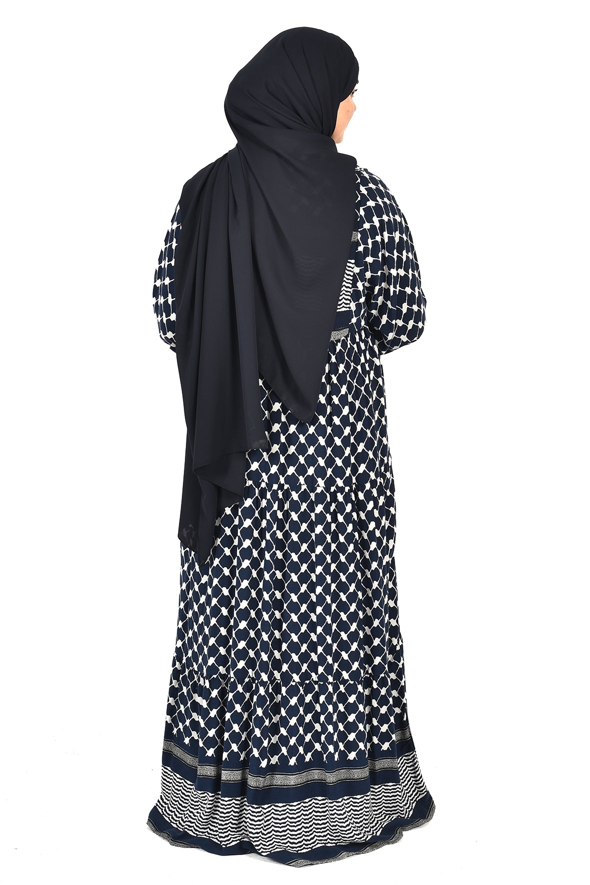 Navy Blue Abaya with White Pattern and Loose Comfortable Fit