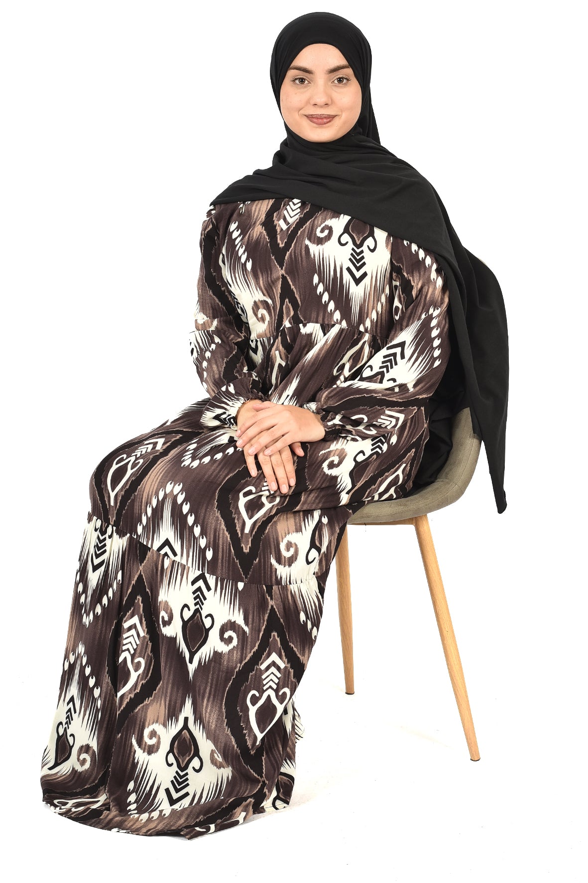 Brown Abaya with Modern Geometric Prints