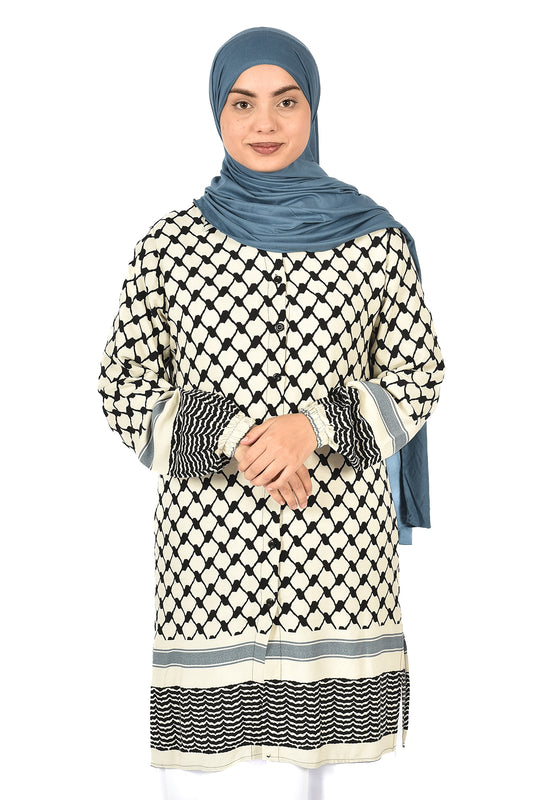 White Tunic with Modern Palestinian Kufiya Print