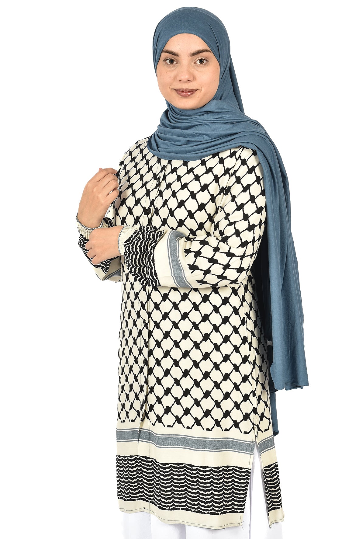 White Tunic with Modern Palestinian Kufiya Print