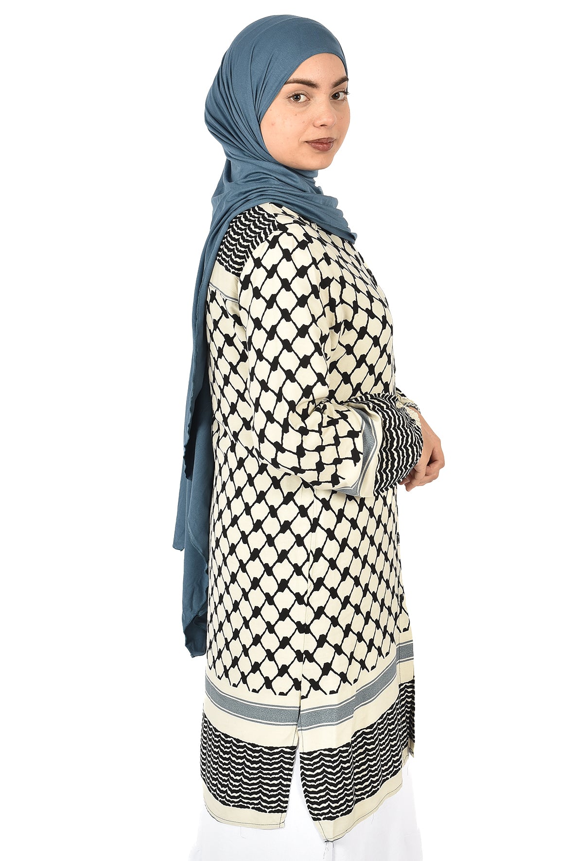 White Tunic with Modern Palestinian Kufiya Print