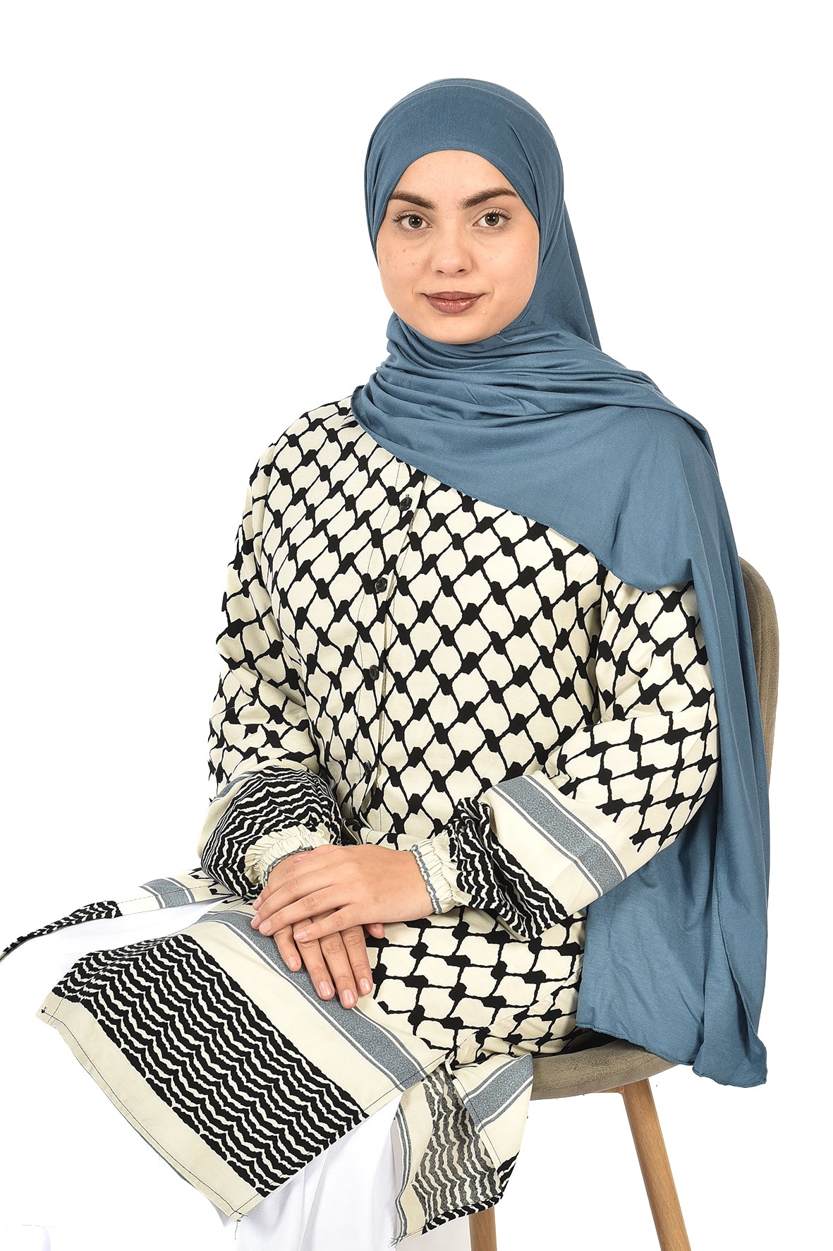 White Tunic with Modern Palestinian Kufiya Print