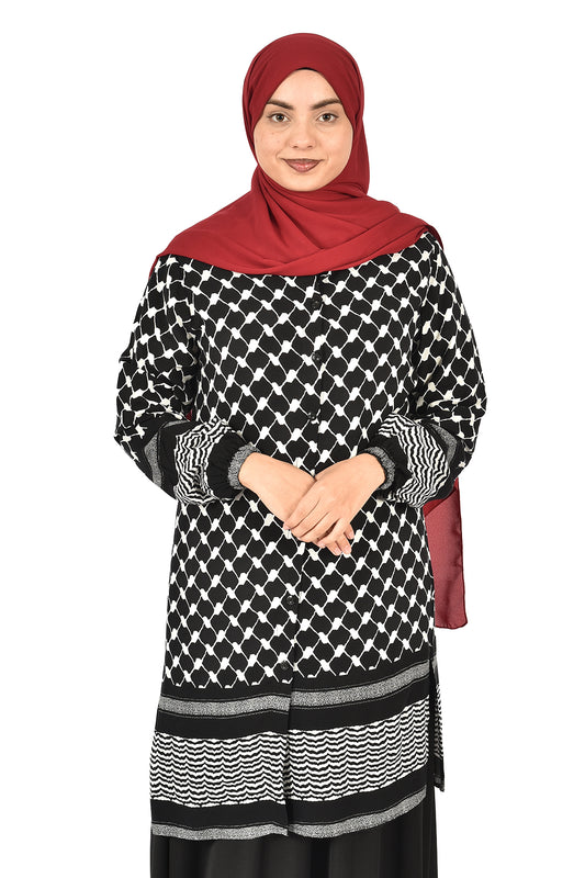 Black Tunic with Modern Palestinian Kufiya Print