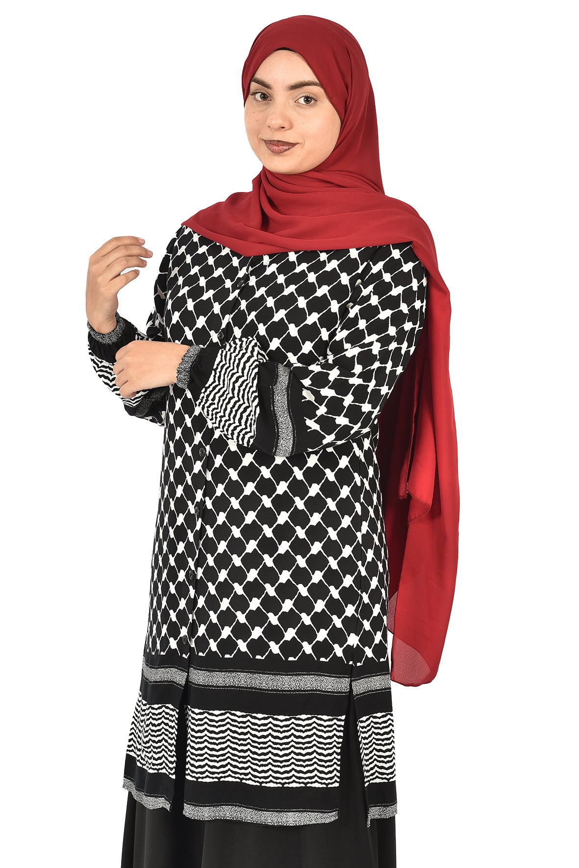 Black Tunic with Modern Palestinian Kufiya Print