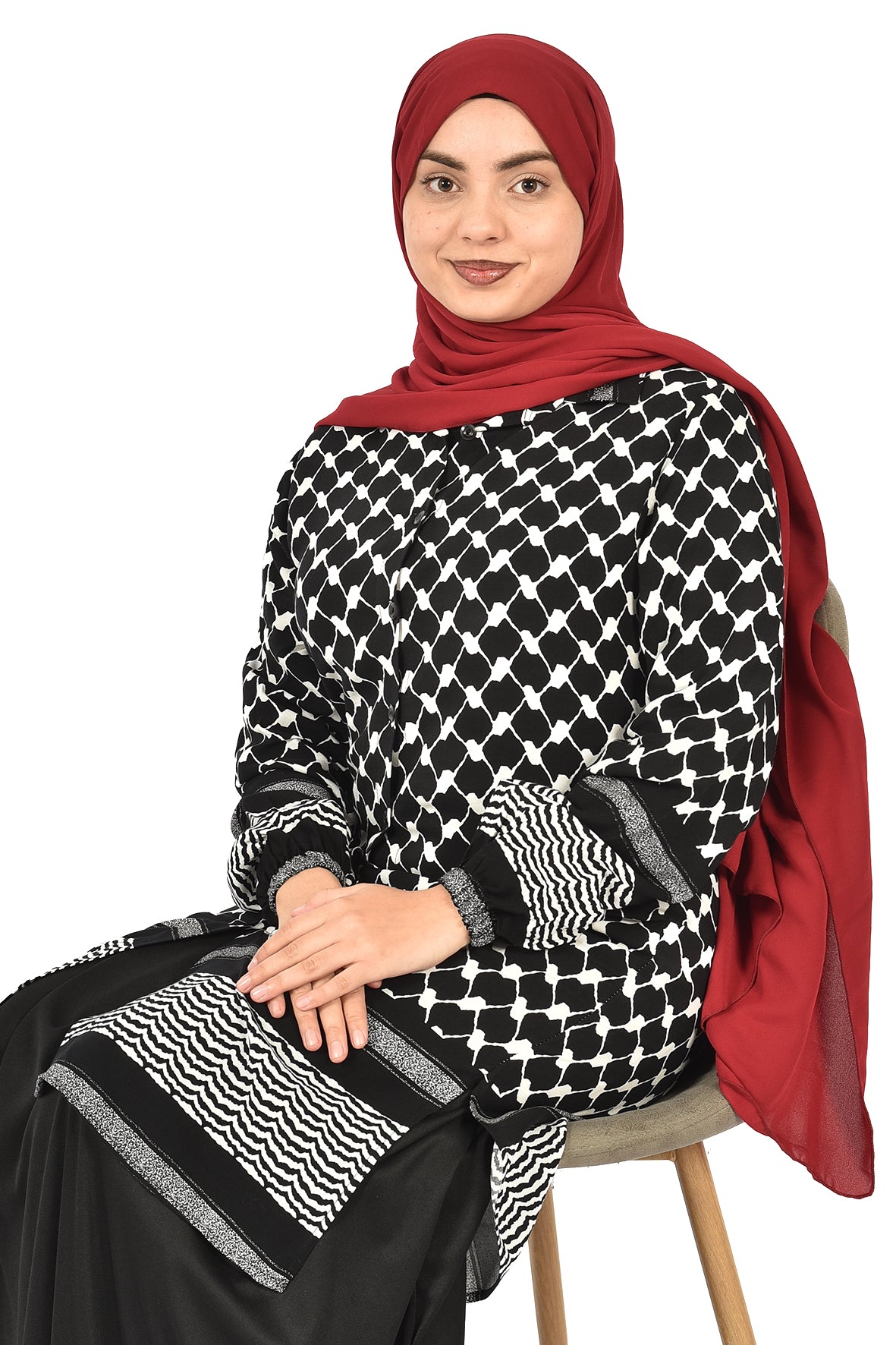 Black Tunic with Modern Palestinian Kufiya Print