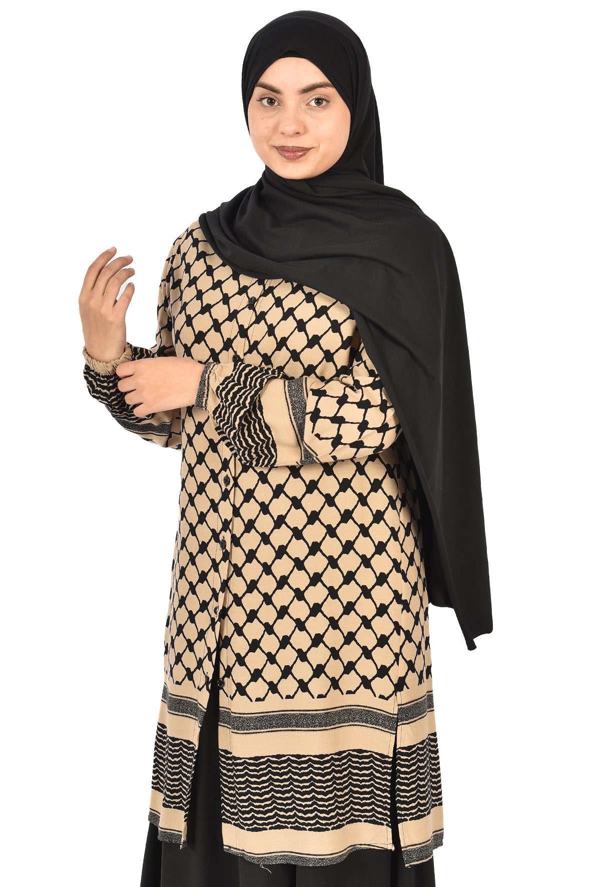 Beige Tunic with Traditional Palestinian Kufiya Print