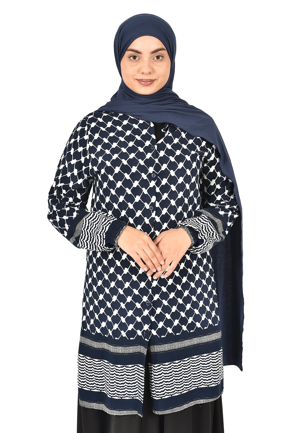 Women's Tunic with Palestinian Kufiya Pattern - Dark Blue