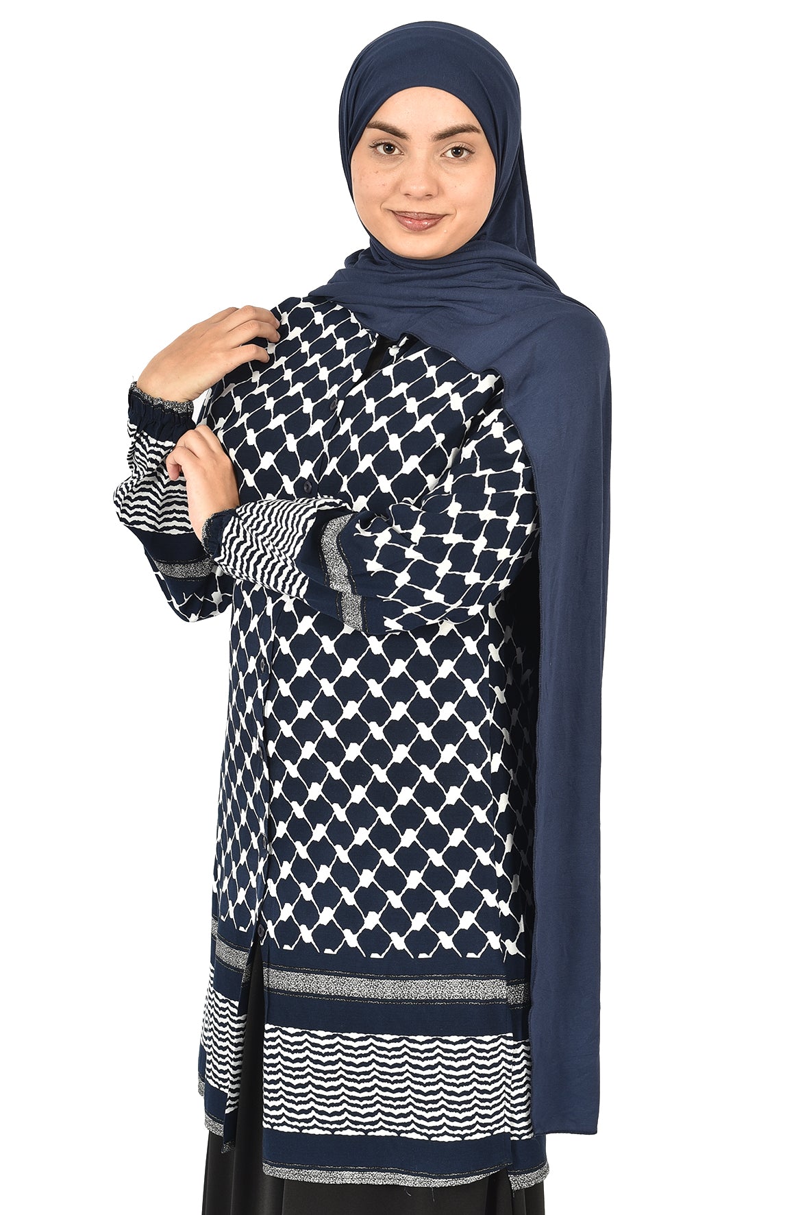 Women's Tunic with Palestinian Kufiya Pattern - Dark Blue