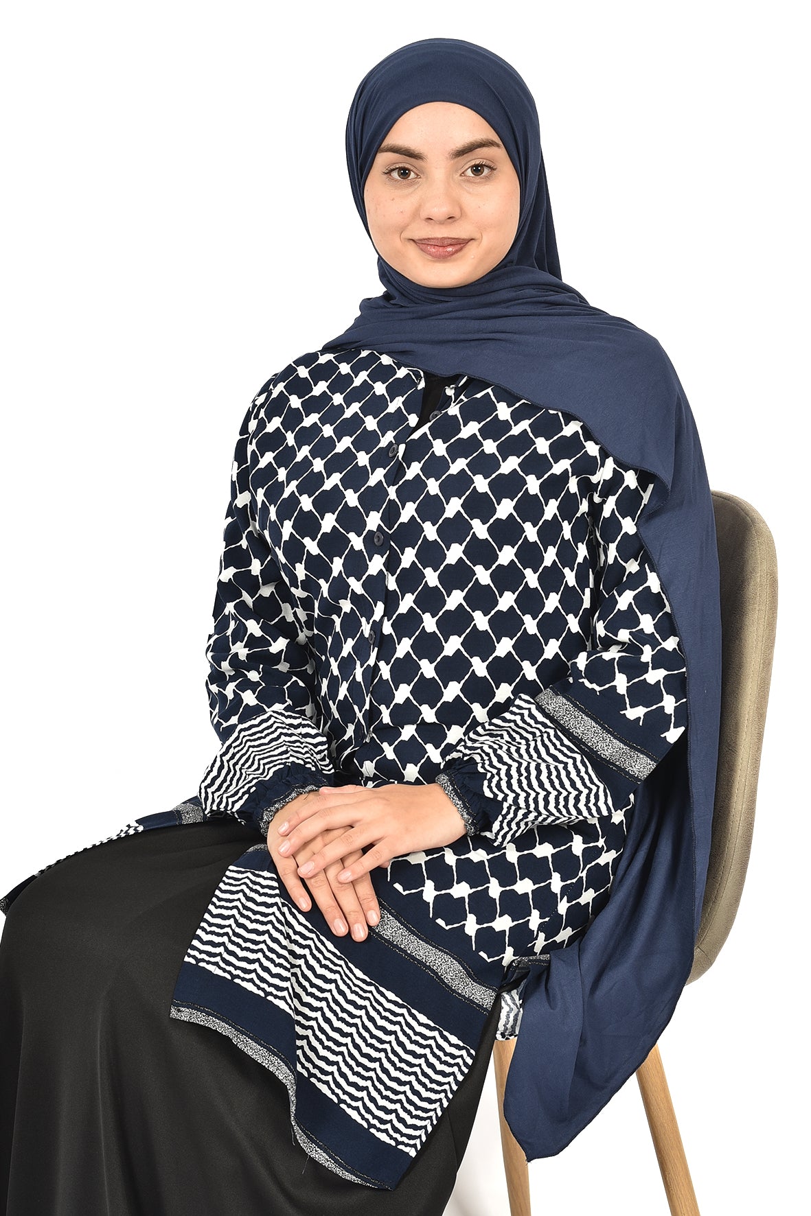 Women's Tunic with Palestinian Kufiya Pattern - Dark Blue