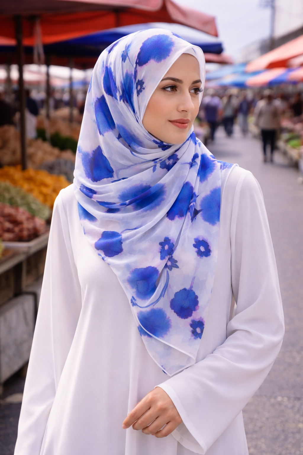 White Rectangular Chiffon Scarf with Brushed Daphne Flower Design